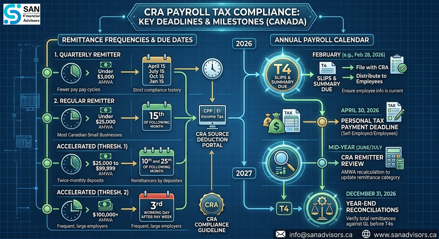 Flowchart diagram illustrating CRA payroll tax compliance deadlines for Canadian businesses, showing quarterly and regular remitter schedules alongside annual filing milestones like T4 slip due dates and year-end reconciliations.